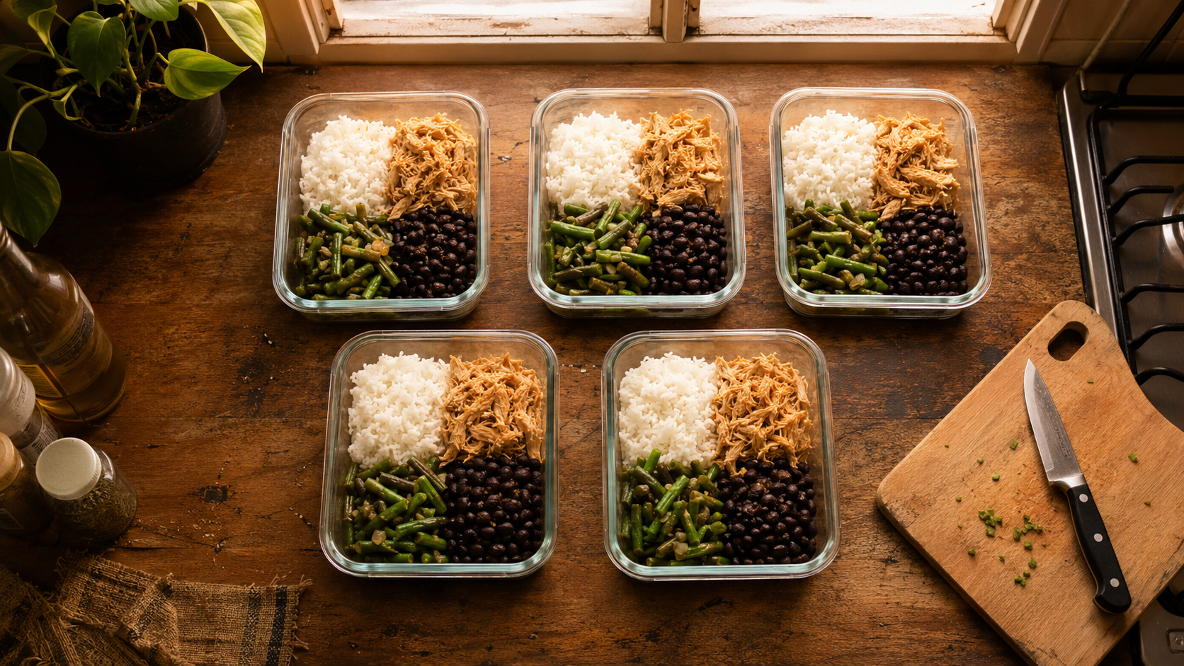 Meal prep organizado — arroz, frango e legumes em potes de vidro